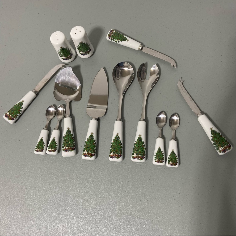 Christmas Tree Serving Utensils Salt Pepper Shakers Stainless Japan 13 P…
